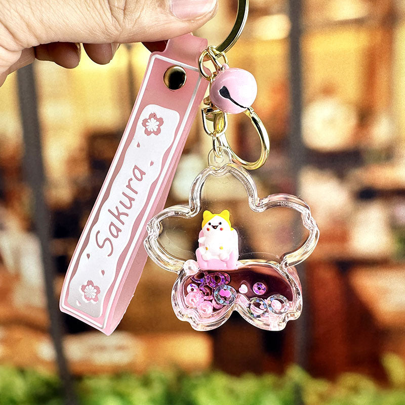 Wholesale Acrylic Oil In Cherry Blossom Cat Floating Bottle Keychain